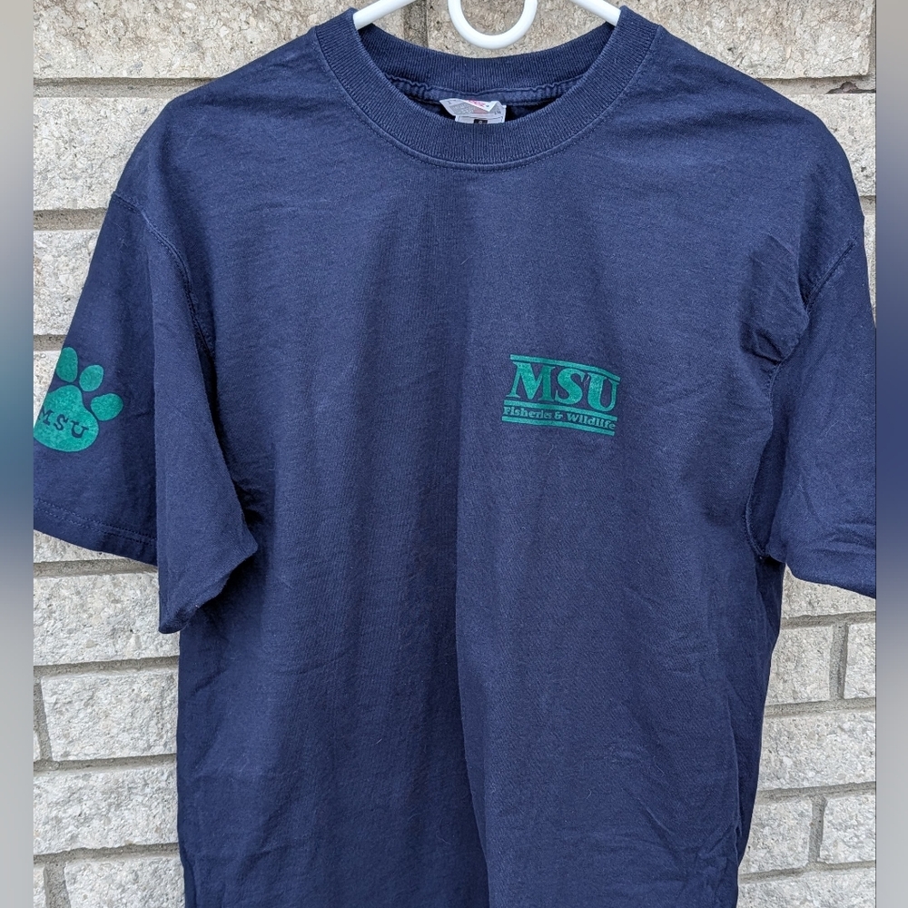 MSU Vintage T-shirt Fisheries & Wildlife 90's Navy Size Large 100%Cotton EUC